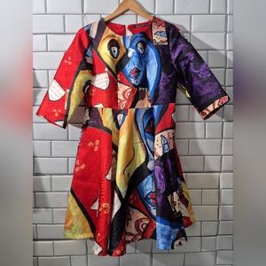 Rmo & Jul  Ladies Abstract Art Print Dress ¾ Sleeve Knee Length Full Skirt Pocke